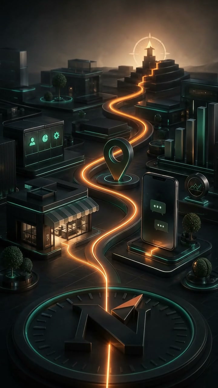 Mapa em três dimensões de um bairro comercial com um caminho iluminado que sobe até o destino