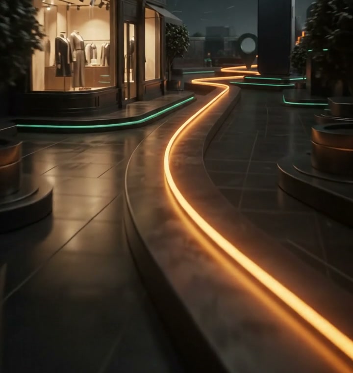 Loja iluminada à beira de uma via com uma linha dourada acesa no chão